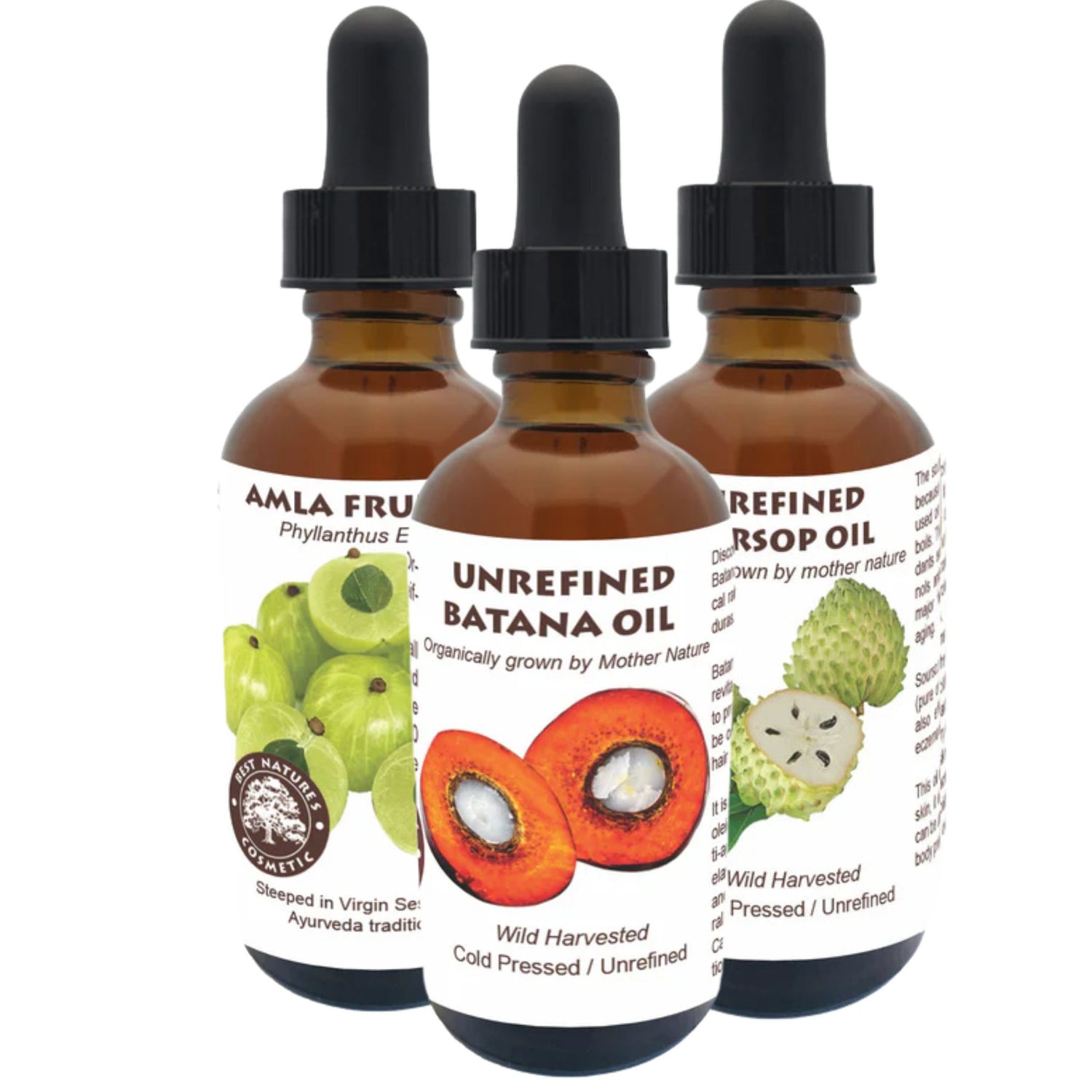 Trigubos galios plaukų priežiūros priemonių rinkinys iš 3 aliejų. Batana aliejus, Soursop aliejus, Amla aliejus