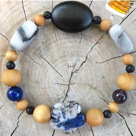 Aromatherapy Bracelet made Cedar Wood Beads, and semi precious stones Amethyst, Lapis Lazuli, Sodalite Flower ..